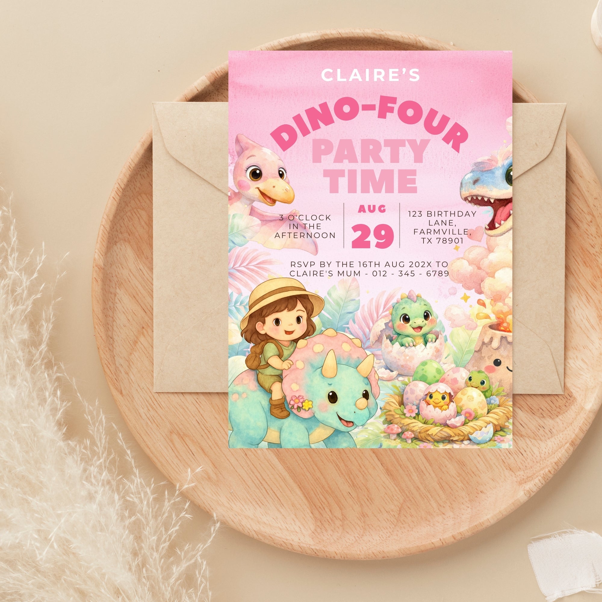 4th birthday girl dinosaur | pink invitation | anniversary party