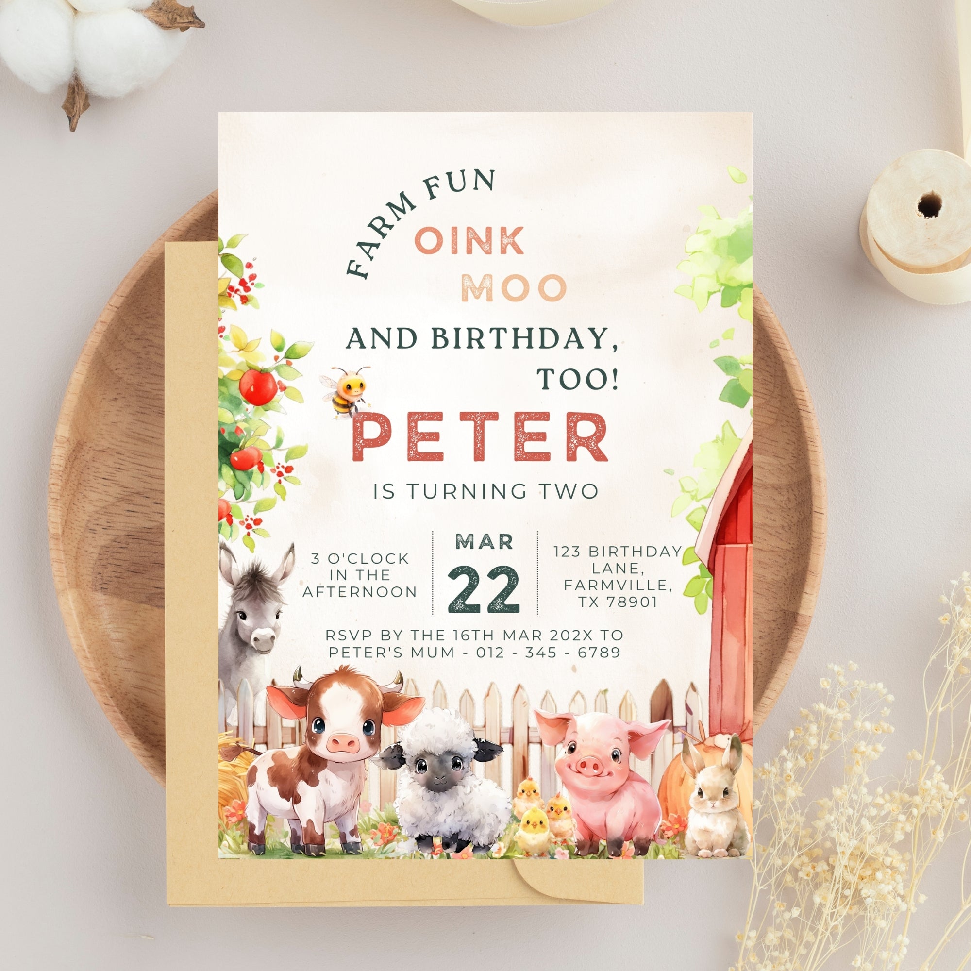 2nd birthday invitation | cute farm animals | template editable canva