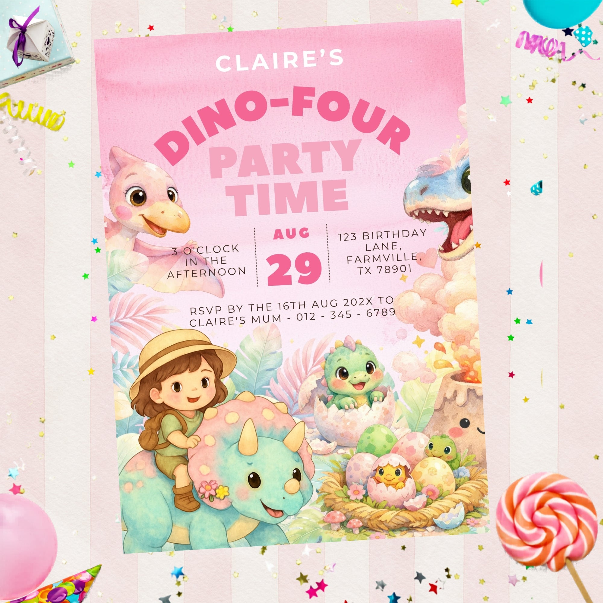 4th birthday girl dinosaur | pink invitation | anniversary party