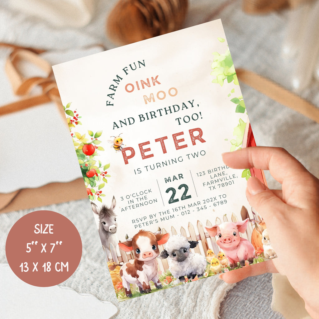 2nd birthday invitation | cute farm animals | template editable canva