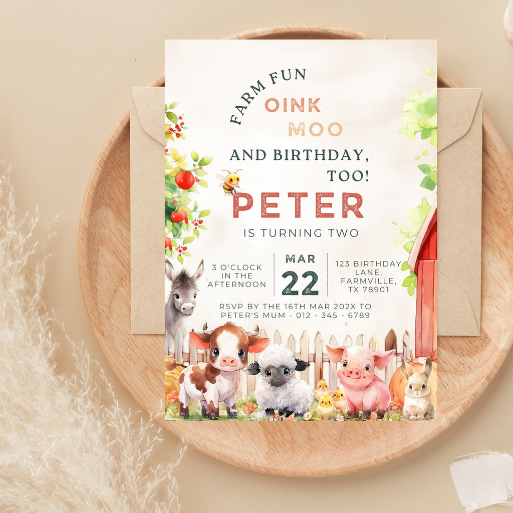 2nd birthday invitation | cute farm animals | template editable canva