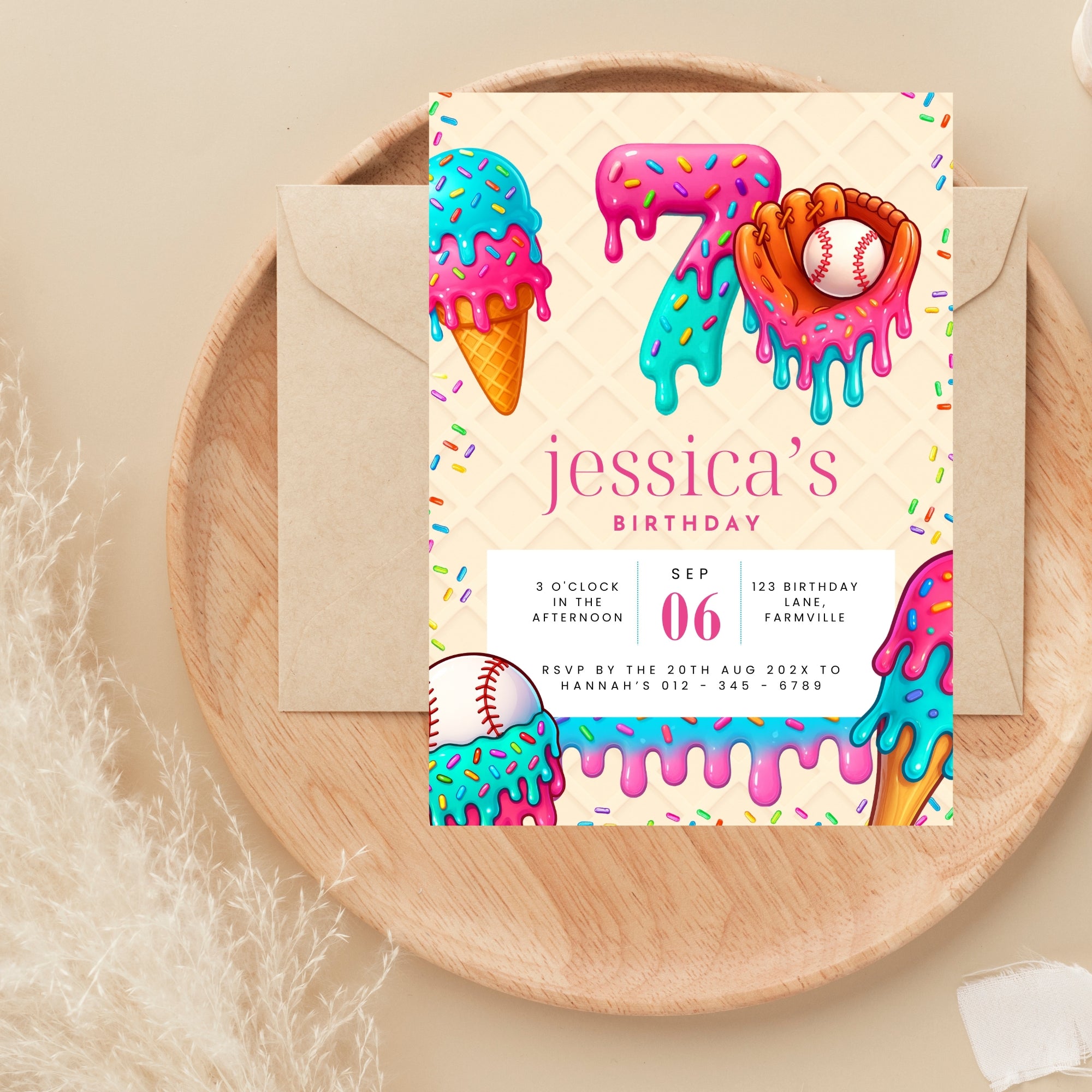 baseball drip birthday invitation | 7th anniversary | editable canva template