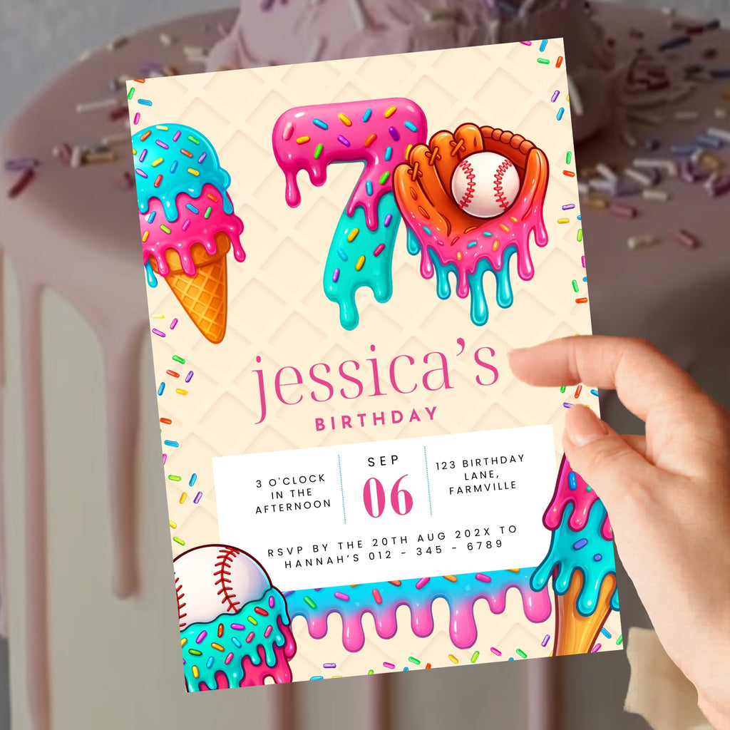 baseball drip birthday invitation | 7th anniversary | editable canva template