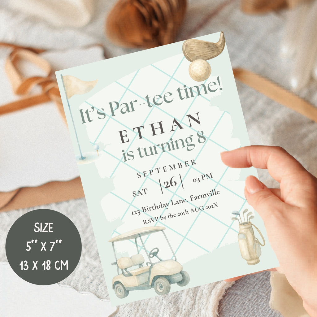 golf 8th birthday invitation | |sage green | editable canva template
