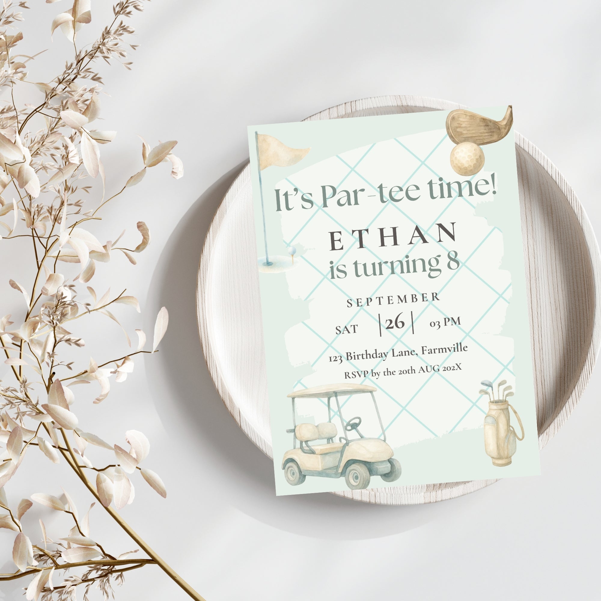 golf 8th birthday invitation | |sage green | editable canva template