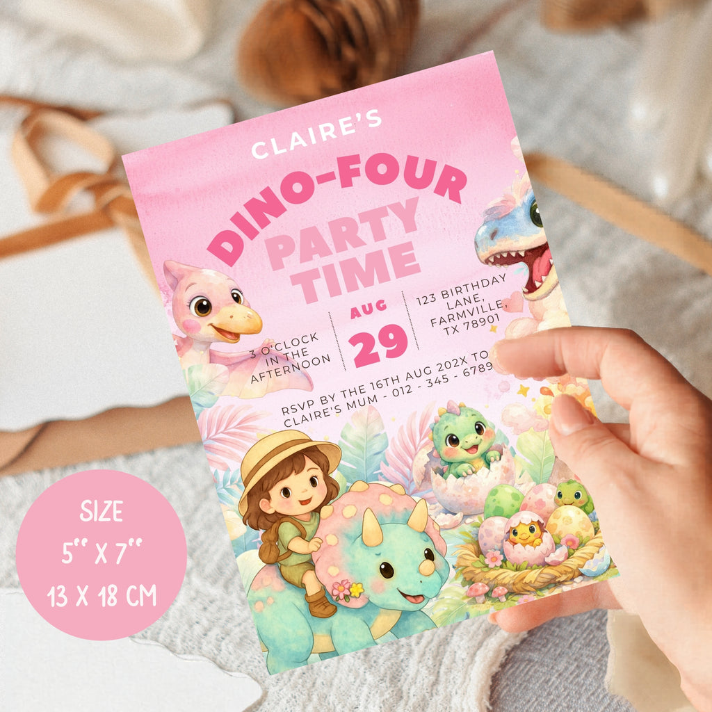 4th birthday girl dinosaur | pink invitation | anniversary party