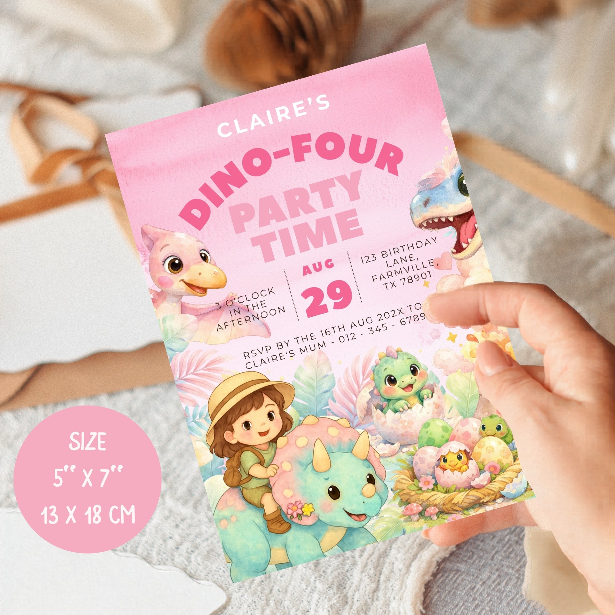 4th birthday girl dinosaur | pink invitation | anniversary party