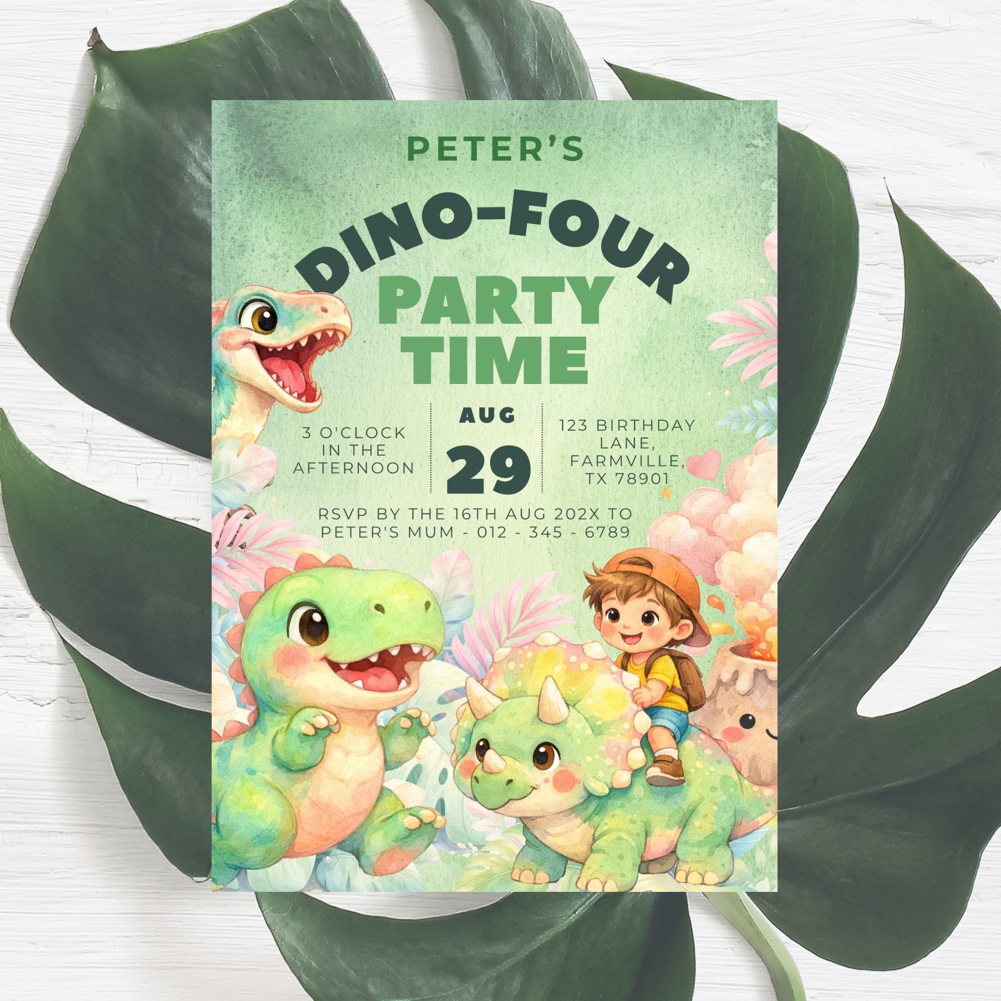 4th dinosaur birthday invitation | green anniversary