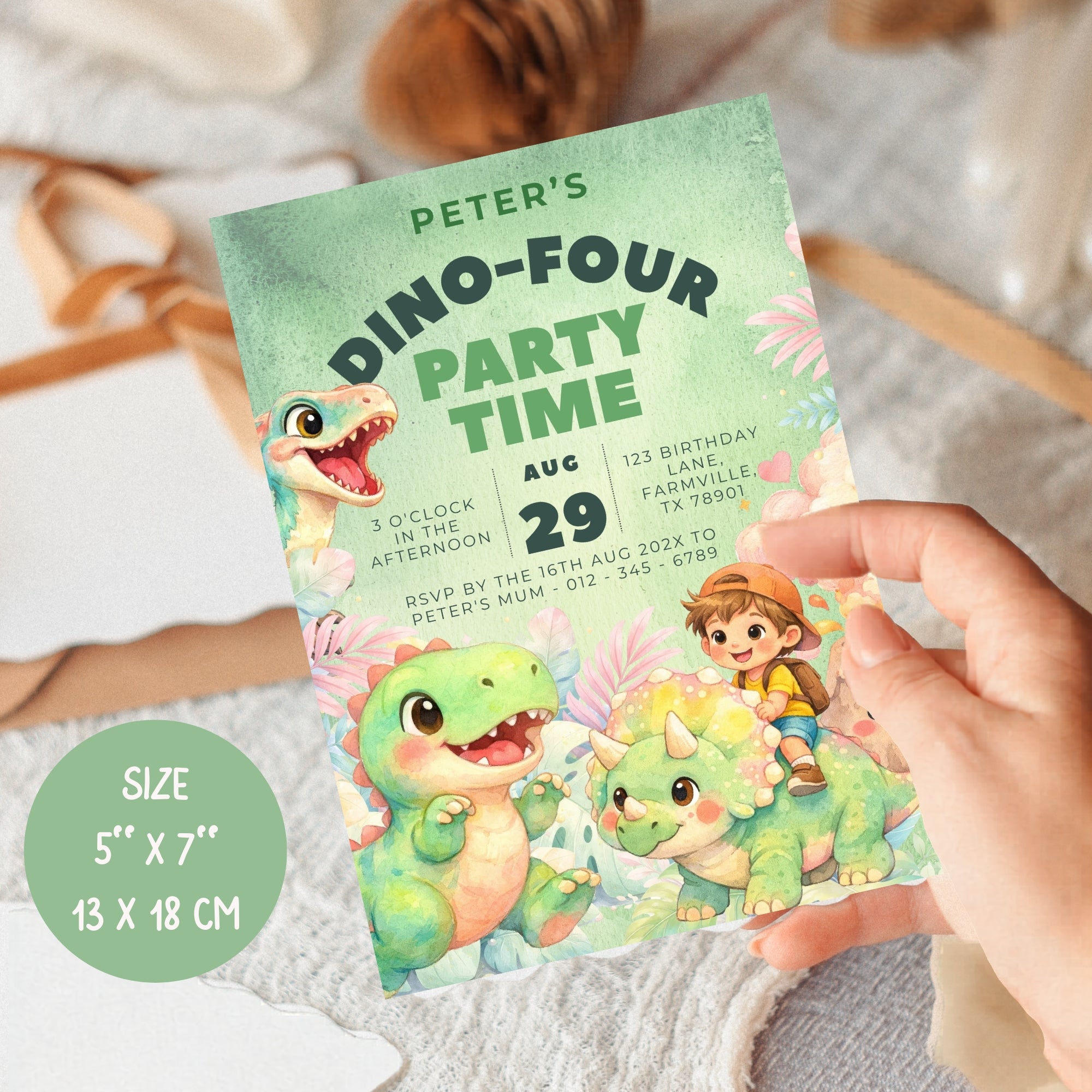 4th dinosaur birthday invitation | green anniversary