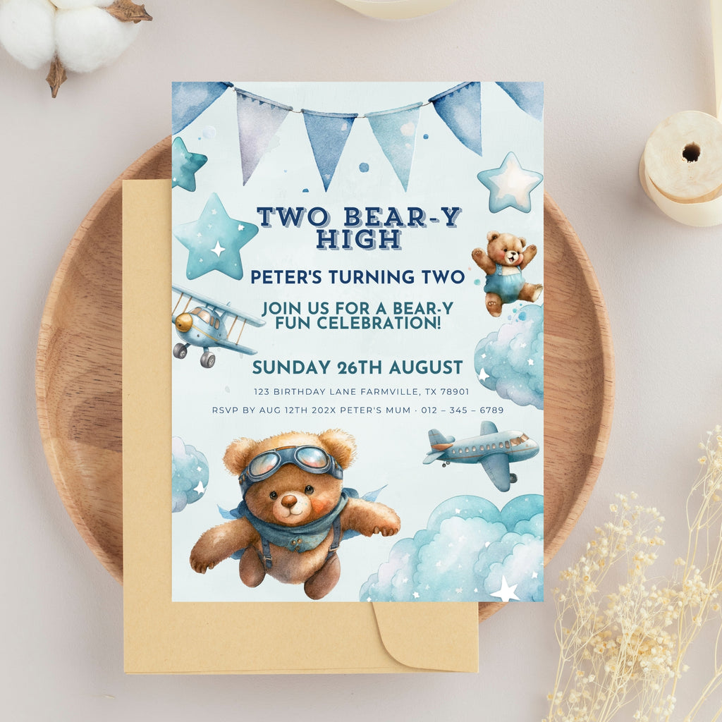 2nd birthday invitation | teddy bear party | blue anniversary