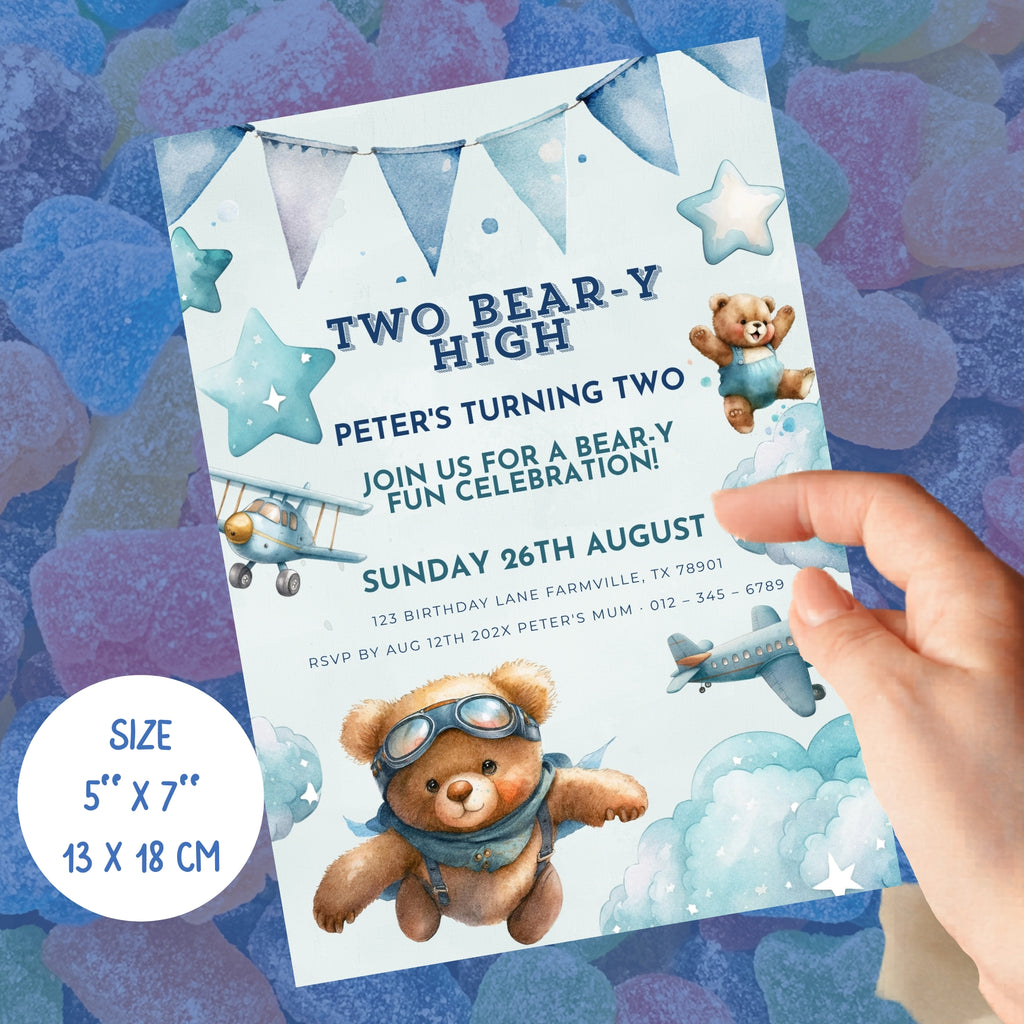 2nd birthday invitation | teddy bear party | blue anniversary